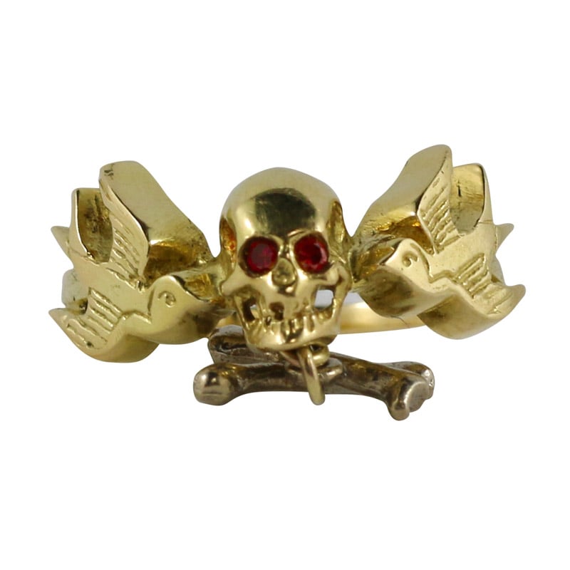 William Griffiths 18kt Gold Skull & Cross Bone Ring with Red Diamond Eyes