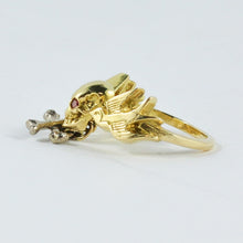 Load image into Gallery viewer, William Griffiths 18kt Gold Skull &amp; Cross Bone Ring with Red Diamond Eyes