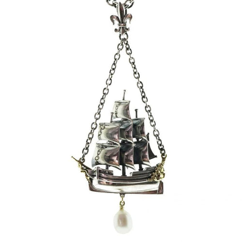 William Griffiths Sterling Silver Ship Necklace with 18ct Gold and White Pearl