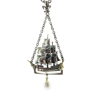 William Griffiths Sterling Silver Ship Necklace with 18ct Gold and White Pearl